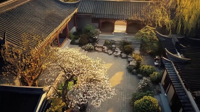 黄昏落日俯瞰庭院美景