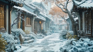 冬日飘雪古镇庭院建筑