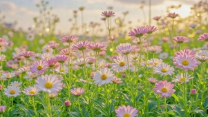 夕阳下的唯美雏菊花海