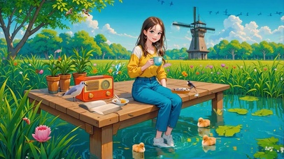 春天湖边少女