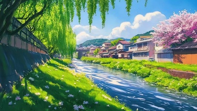 唯美春日河岸小镇风景