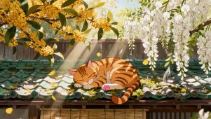 冬日暖阳庭院屋顶狸花猫惬意午休