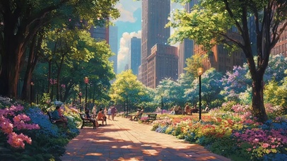 城市繁花春日午后公园