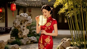 园林风格庭院里的古风旗袍美女