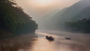 烟雨湖面小船