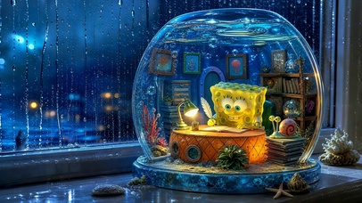 雨夜窗边的海绵宝宝