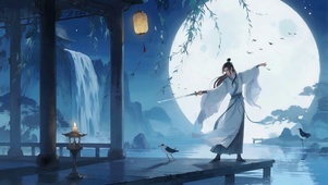 月夜水榭持剑古风少年