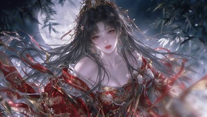 月下竹影红衣少女