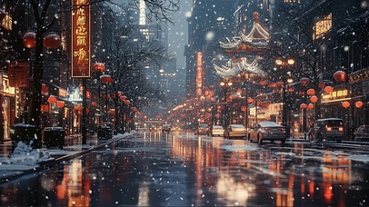 大雪纷飞唐人街城市
