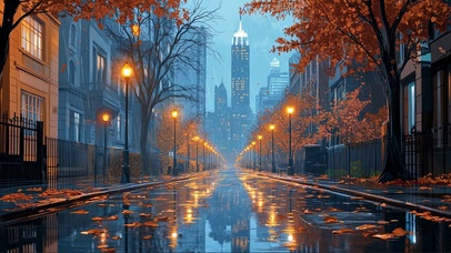 秋天雨夜傍晚静谧城市