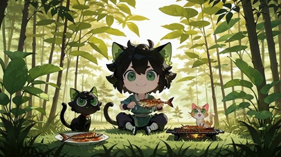 卡通少年和小黑猫
