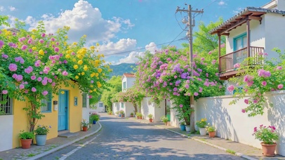 治愈花开小镇晴日风光