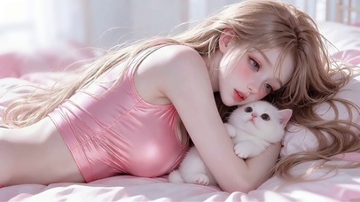 搂猫咪睡觉的少女