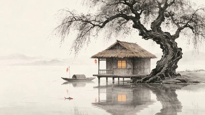 孤舟泊岸