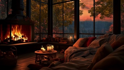 小屋夕阳窗外雨