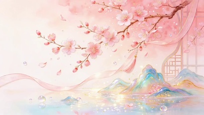 浅粉柔雾桃花新中式国风意境