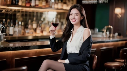 吧台前喝红酒的长发美女2