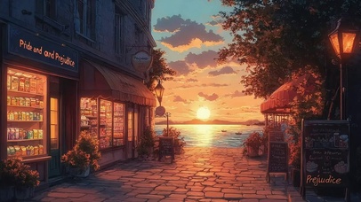 晚霞海港静谧商店夜景