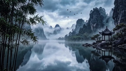 水墨竹雾湖山