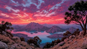 粉色朝霞岛屿湖泊