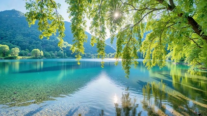 护眼蓝色湖面绿树