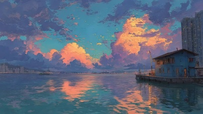 海港傍晚清透海景小屋