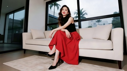 大窗客厅沙发上黑衣红裙美女