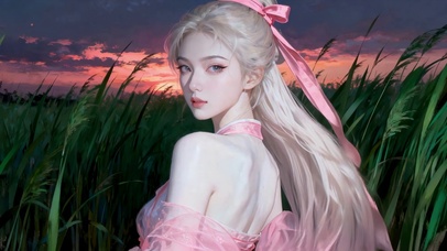 纯欲白月光女孩夕阳芦苇丛中回眸