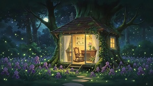月夜森林树屋