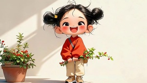 可爱女孩手拿花草