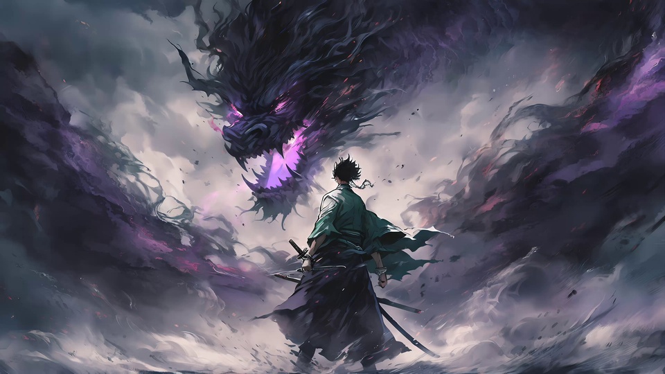 背对镜头的黑发武士，身着青绿色外褂与深色下裳，手持数把刀剑，正面对峙口中迸出紫炎的巨大黑龙，周围是紫灰翻涌的雾霭。