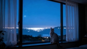 蓝夜窗边猫咪望海