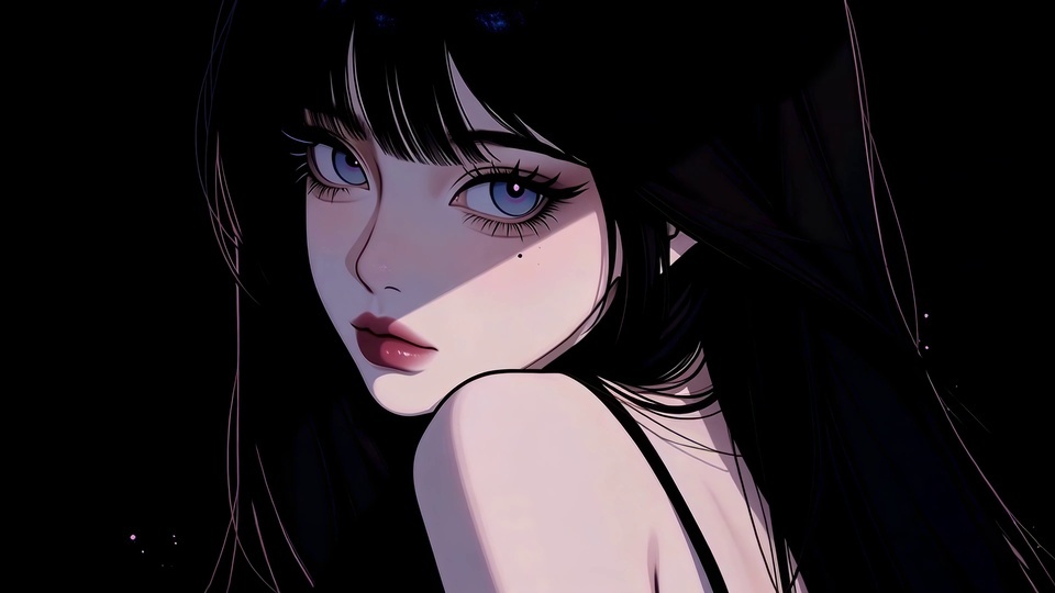 暗调近景里黑长发齐刘海女孩侧转，眼下带小痣，紫蓝眼眸红唇