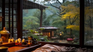 木屋外的雨景
