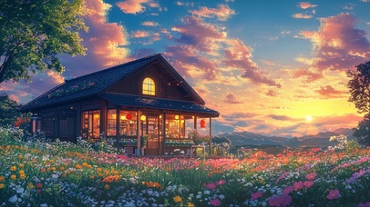 晚霞山坡花海温馨小屋