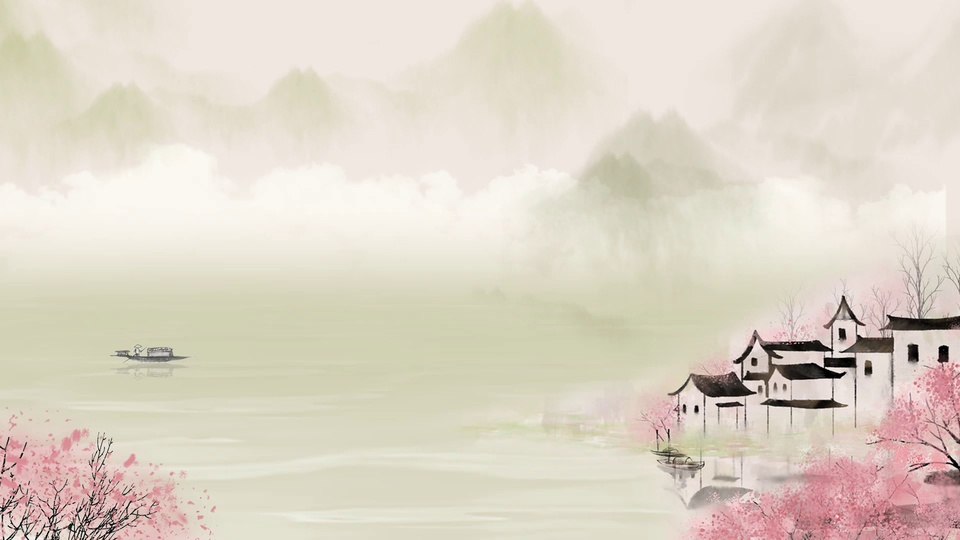 烟雨江南水墨山水，粉花岸畔民居与湖面扁舟