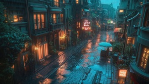 蓝调雨夜静谧城市街道