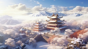 中国风山水建筑冬季雪景插画