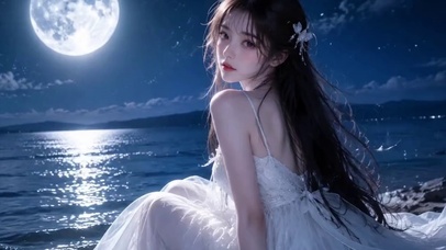 纯欲满月下的白裙少女