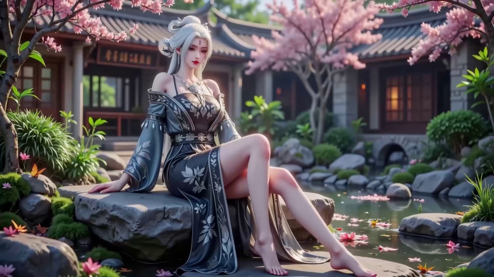 3D渲染古风庭院，盘发银发古装女子坐于池塘边石台，周边樱花盛放，背景为传统中式建筑