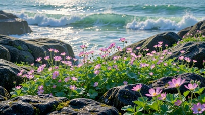 海边礁石粉花治愈风景