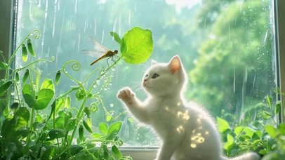 雨天窗边的可爱白奶猫
