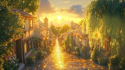 古镇黄昏静谧微光街道