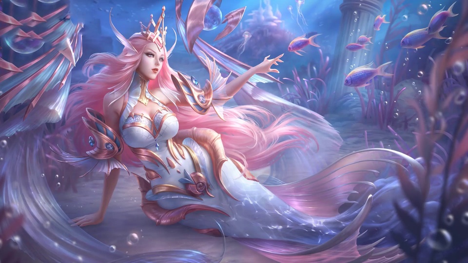 粉发戴金冠人鱼少女置身蓝色海底，身旁环绕游鱼与海草