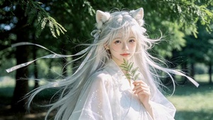 林间白发猫耳古风美少女