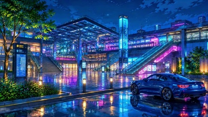 雨夜霓虹车站的蓝色跑车