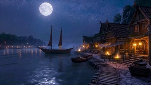 夜晚湖畔小镇