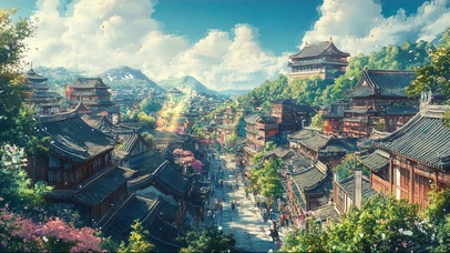 蓝天梦幻云朵古镇建筑