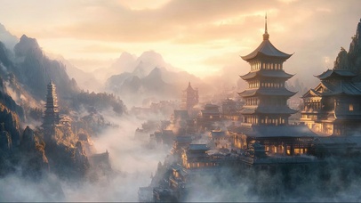 朦胧国风古城建筑风景