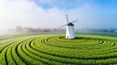 晨雾青麦田风车美景